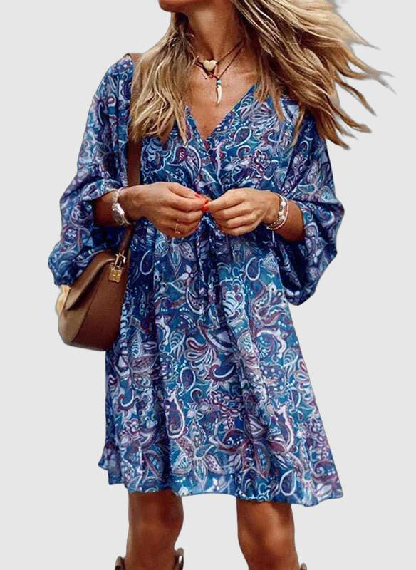 Noieria - Boho Vintage Print Mini Dress - Stylish Summer Casual V-Neck Short Dress