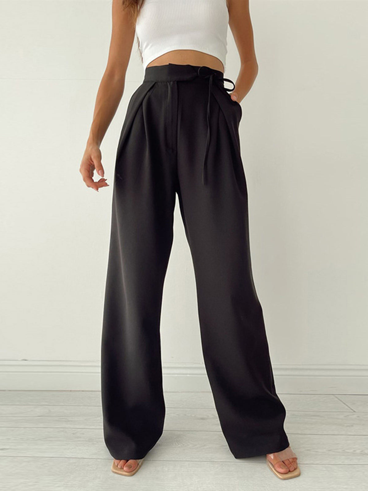 Noieria - Women's High-Waisted Palazzo Pants - Wide-Leg Fit - Pleated Waist - Full Length