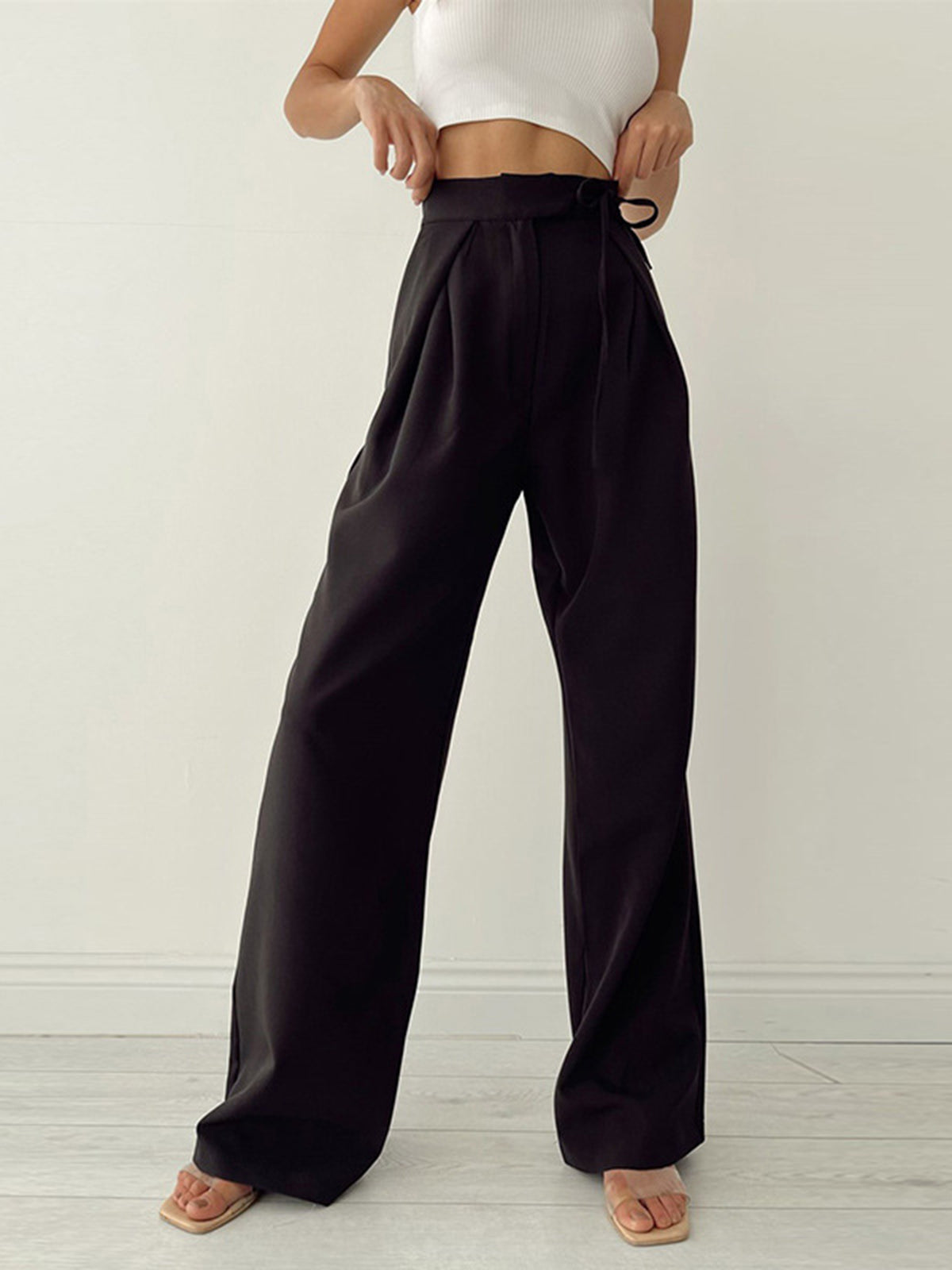 Noieria - Women's High-Waisted Palazzo Pants - Wide-Leg Fit - Pleated Waist - Full Length