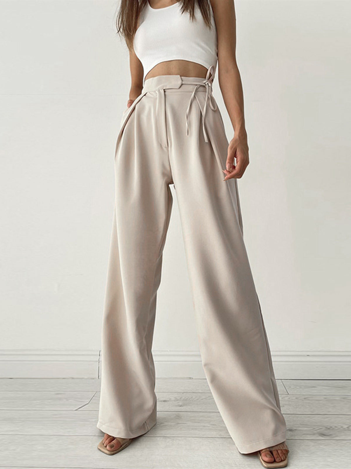 Noieria - Women's High-Waisted Palazzo Pants - Wide-Leg Fit - Pleated Waist - Full Length