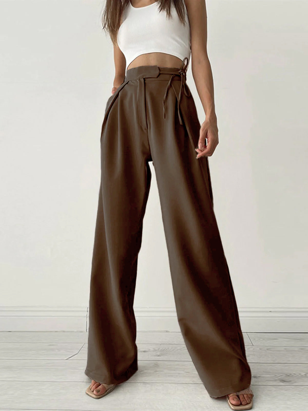 Noieria - Women's High-Waisted Palazzo Pants - Wide-Leg Fit - Pleated Waist - Full Length